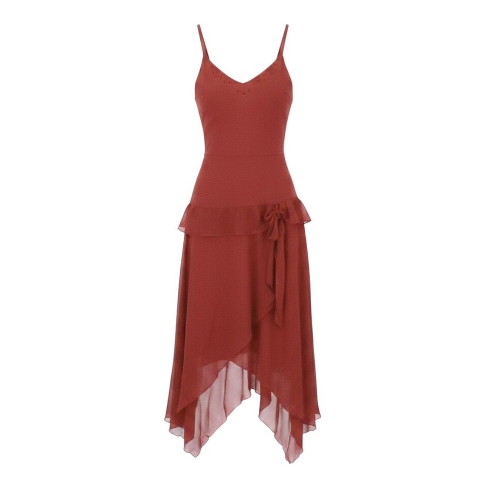 Vintage Y2K Silk Chiffon Dress Fairy Whimsigoth Size‎ 8 Deep Red Rhinestone Vamp
